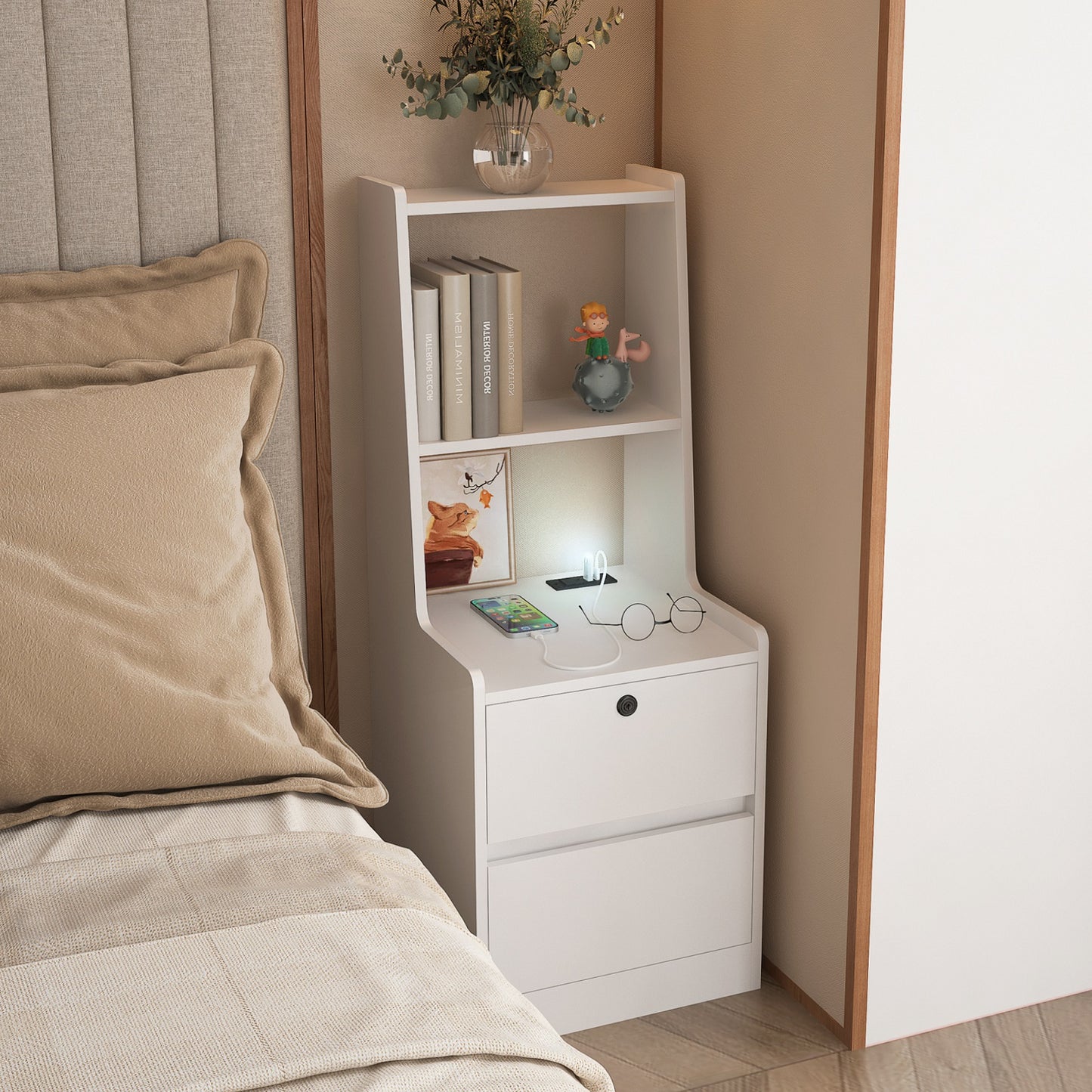 Algherohein Tall Nightstand with Charging Station and Night Light,End Tables with 2 Drawers