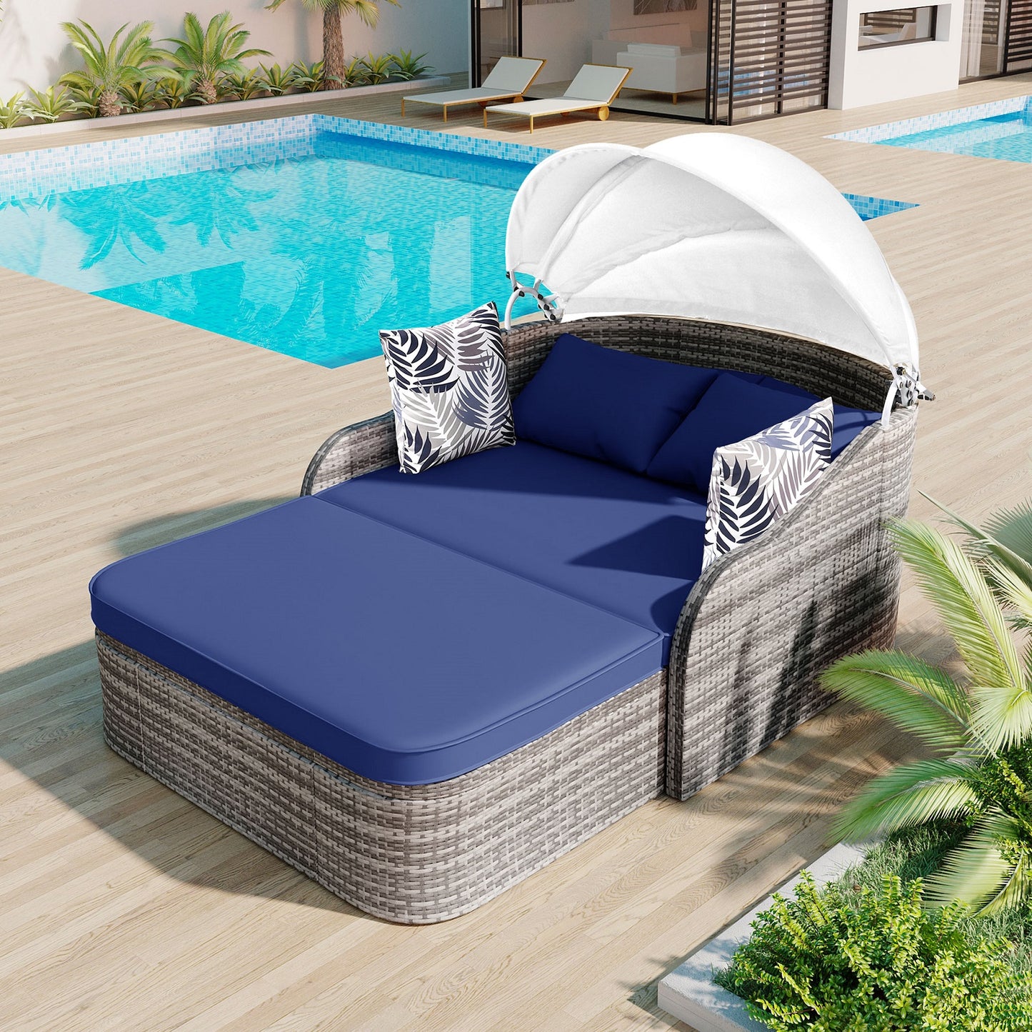 Algherohein PE Rattan Outdoor Daybed with Adjustable Canopy and Cushions,Patio Couch Bed