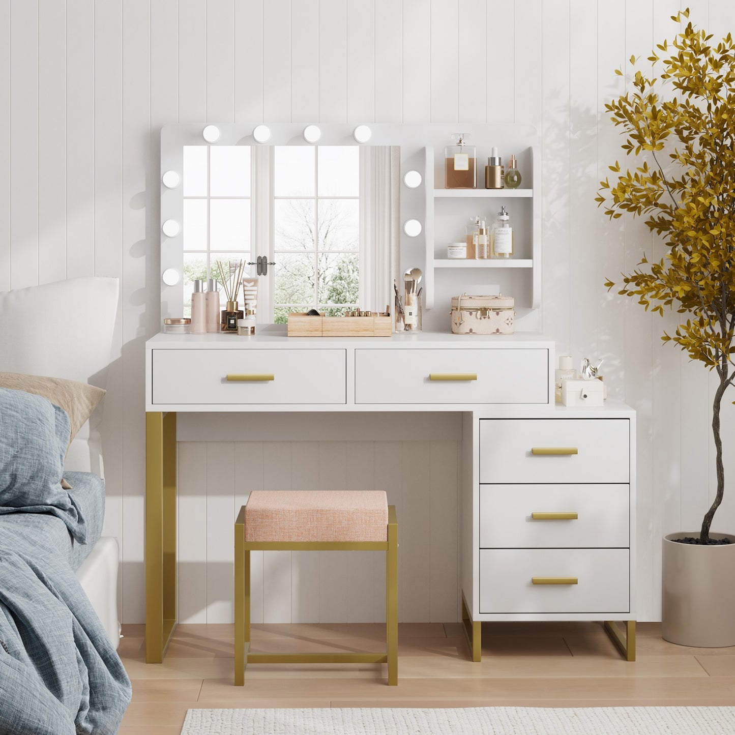 Algherohein Vanity Set with Mirror and Storage Cabinet,Makeup Vanity for Bedroom
