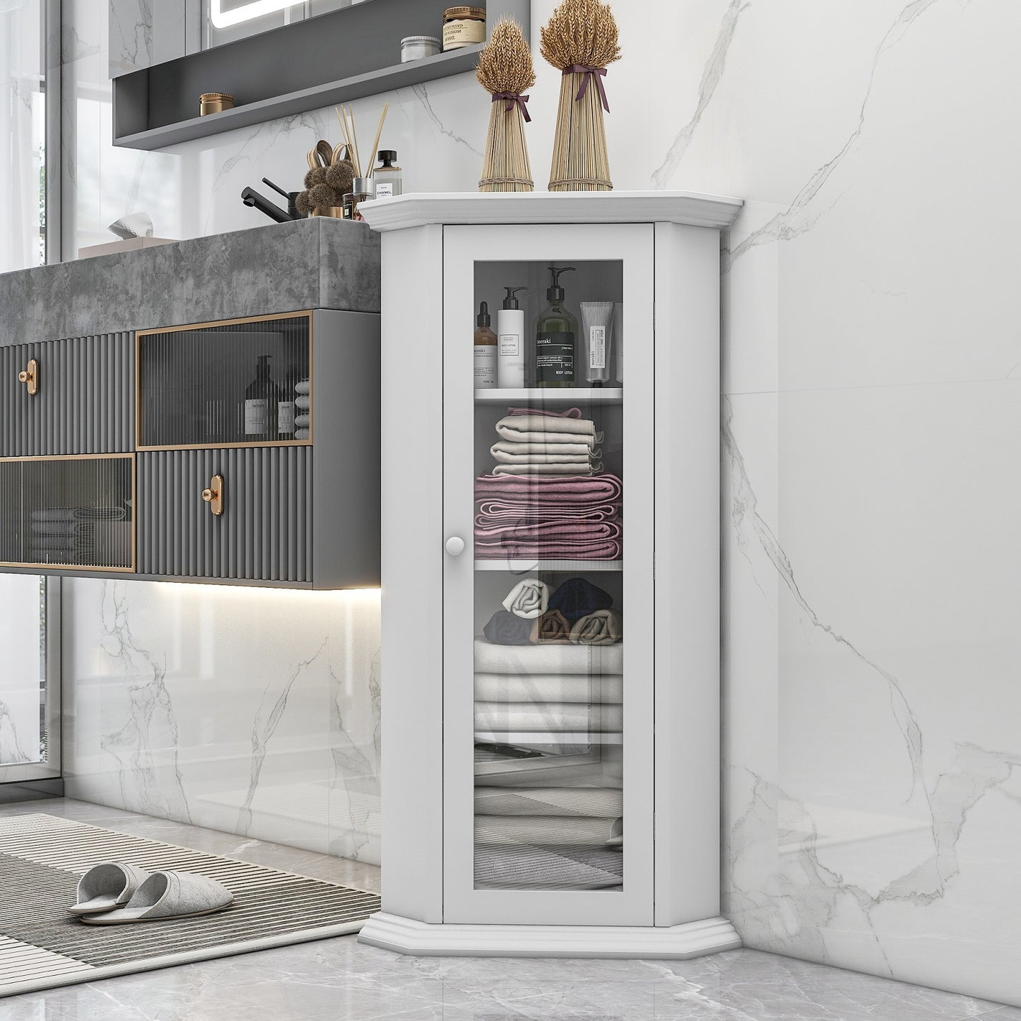 Smuxee Bathroom Corner Cabinet with 3 Shelf,Toilet Small Storage Cabinet with Glass Doors