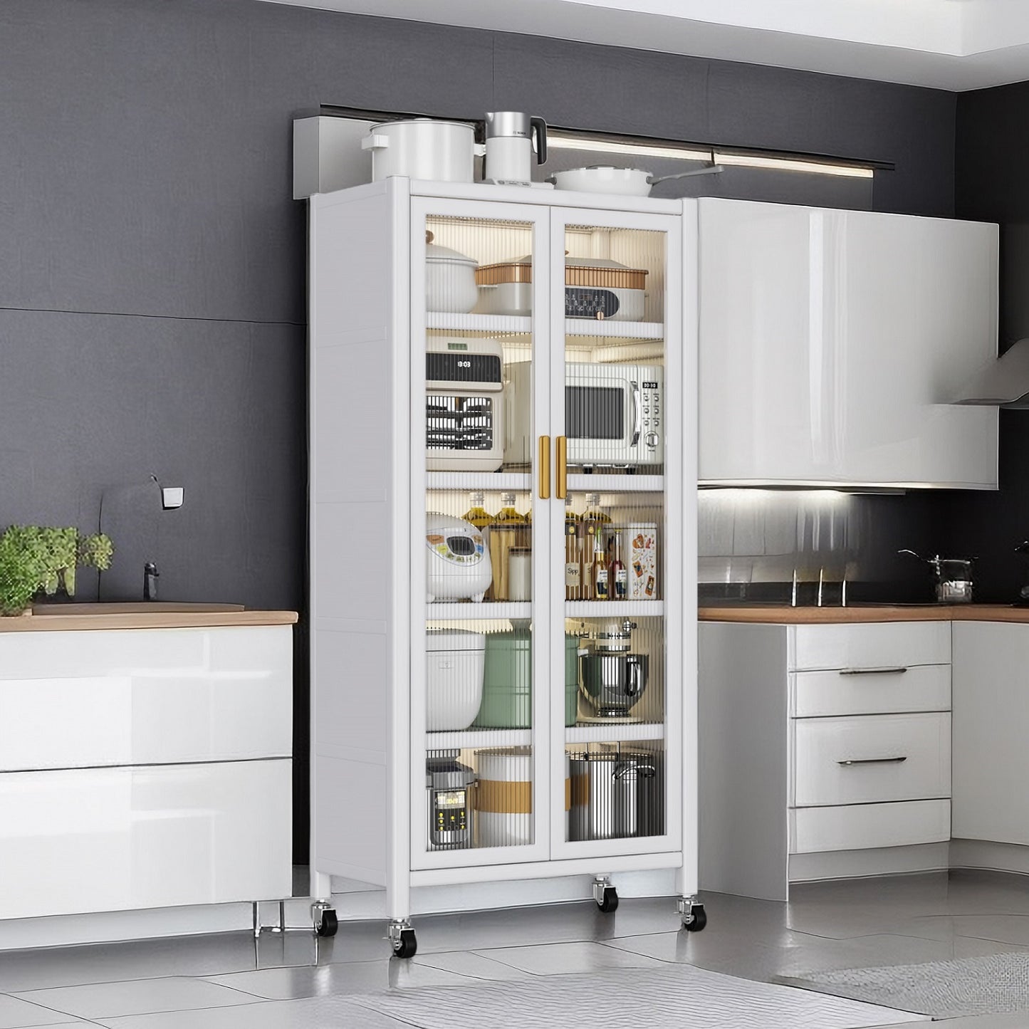 Algherohein Metal Pantry Storage Cabinets with Doors and Shelves,Wheels Kitchen Storage