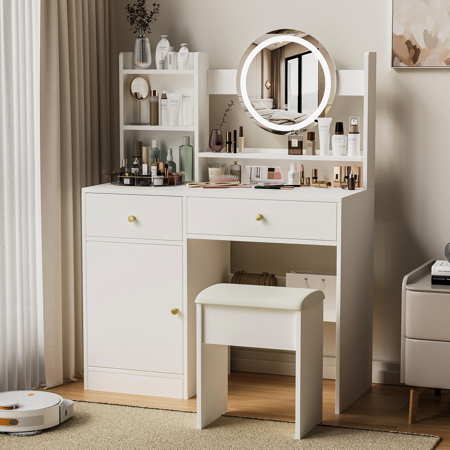 Smuxee Modern Vanity Set with Mirror and Cushioned Vanity Chair,Makeup Vanity for Bedroom,White