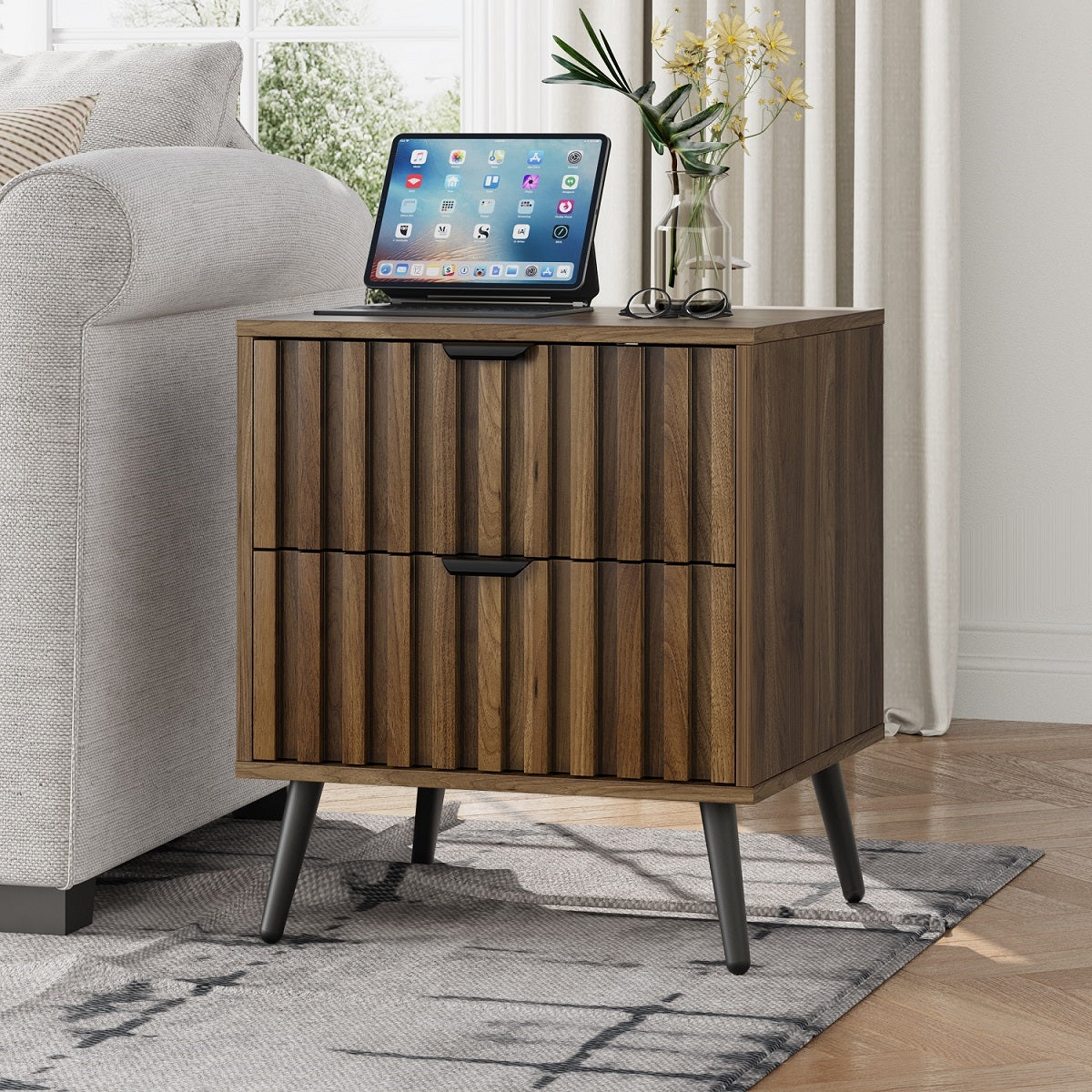 Algherohein Night Stands for Bedroom,Modern End Tables for Living Room with Fluted Drawer,Walnut