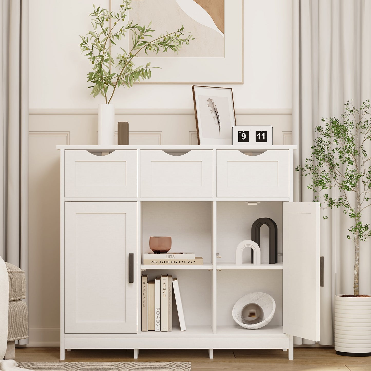 Smuxee Modern Storage Cabinets with 3 Drawer and Shelves,Living Room Kitchen Buffet Cabinet