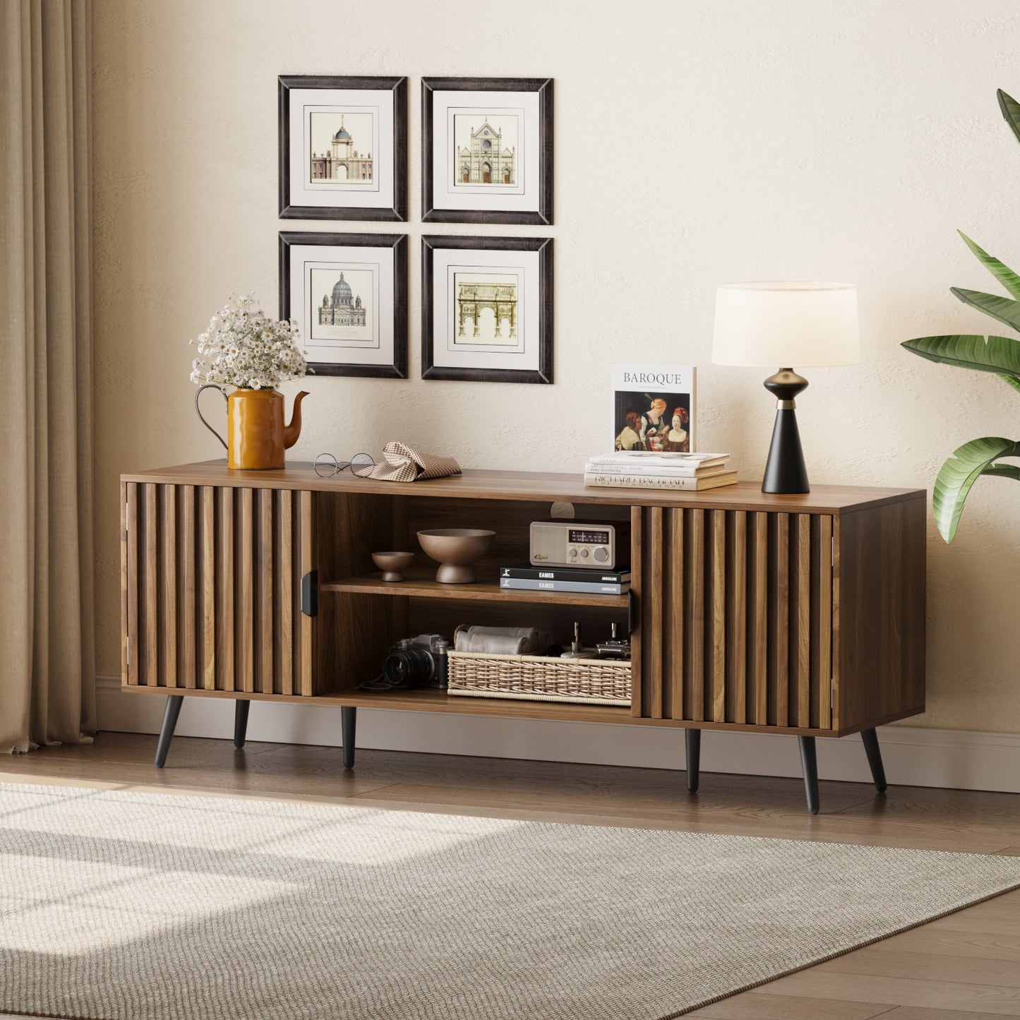 Smuxee Entertainment Center for TVs,Fluted TV Stands for 65 Inch TV,Walnut
