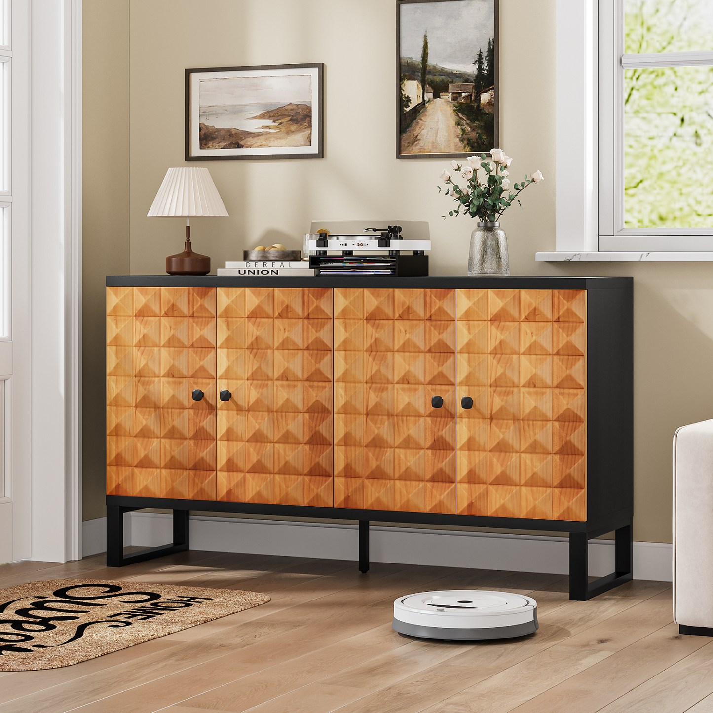 Algherohein Retro Kitchen Sideboards and Buffets, Buffet Cabinet with Storage Adjustable Shelves and 4 Doors