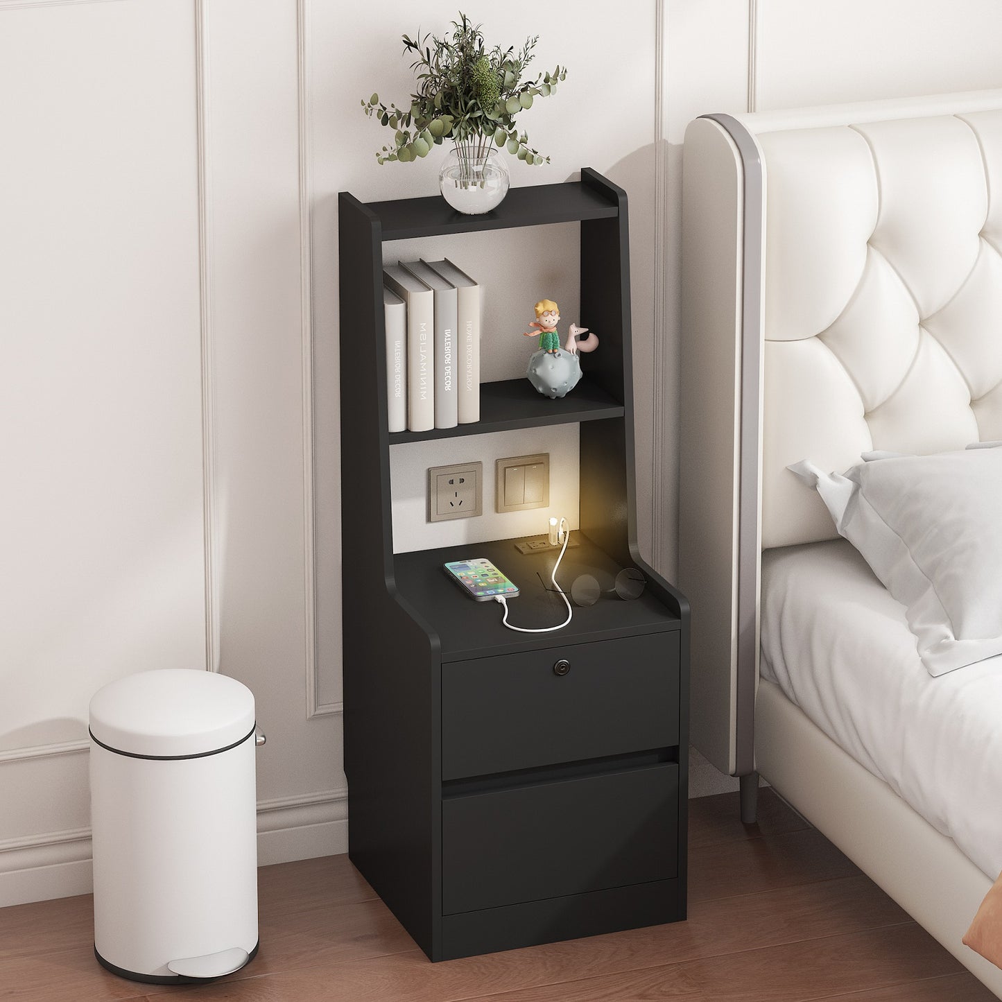 Algherohein Tall Nightstand with Charging Station and Night Light,End Tables with 2 Drawers