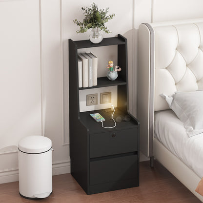 Algherohein Tall Nightstand with Charging Station and Night Light,End Tables with 2 Drawers