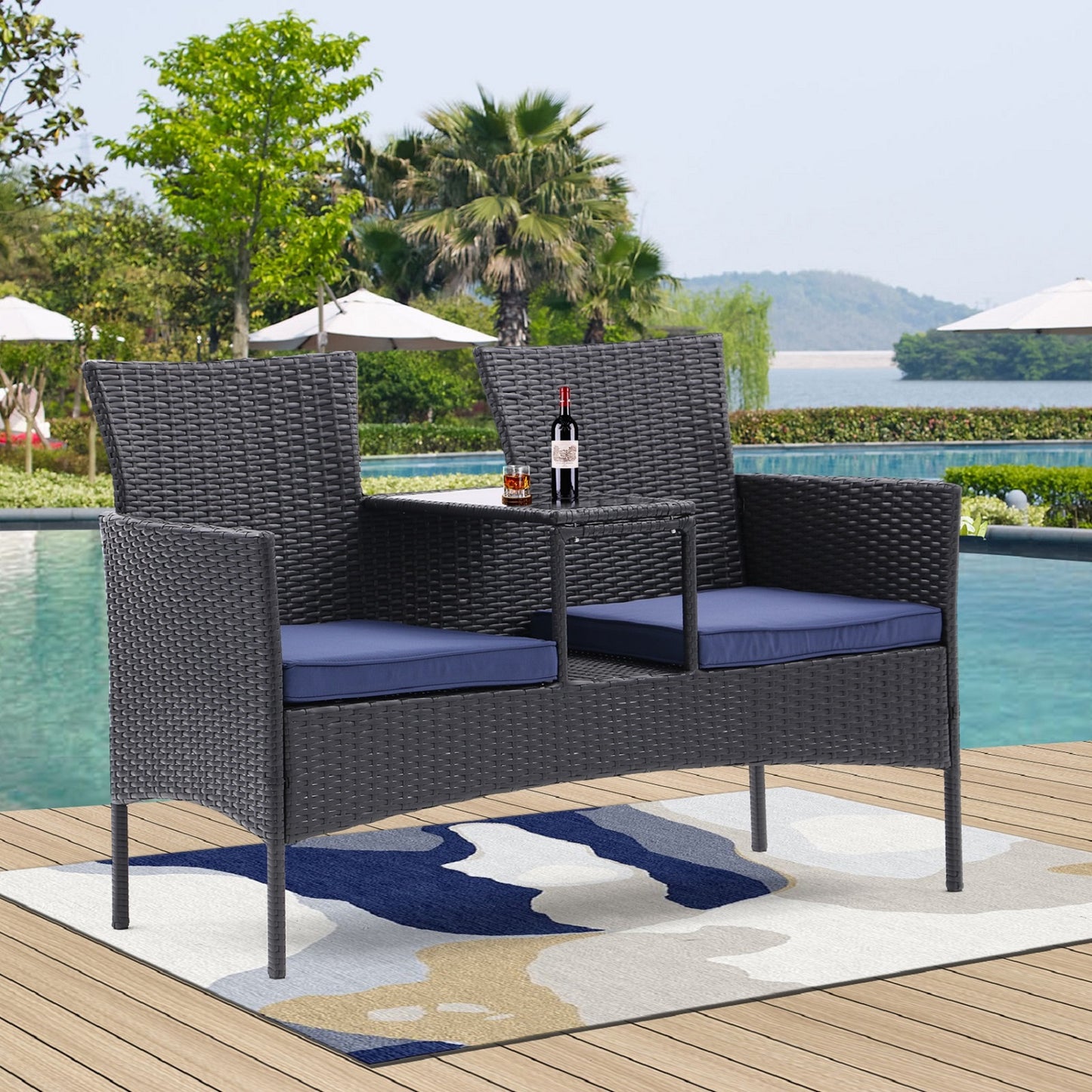 Algherohein Wood Outdoor Couch Seating 2-seat Set,20.5in W Patio Sofa with Coffee Table