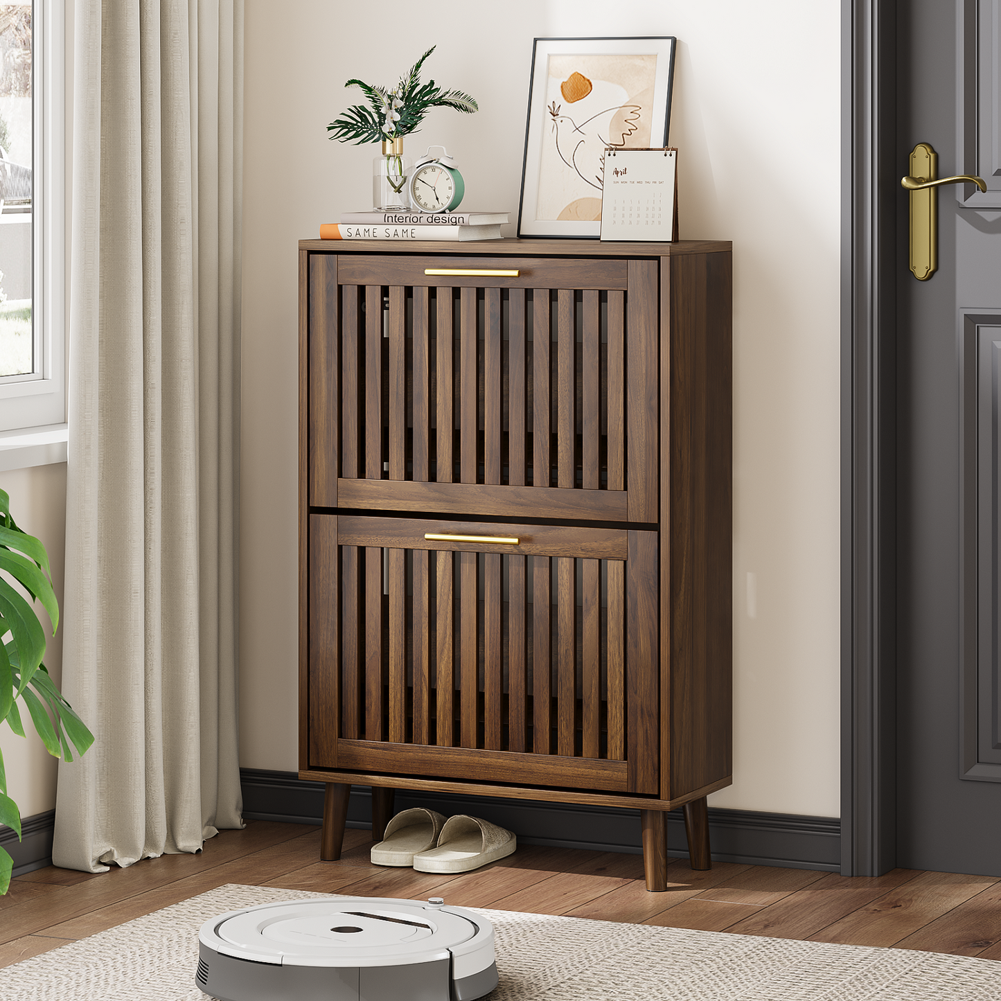 Smuxee Modern Shoe Cabinet with Closet Storage Flip Drawers,Shoe Storage Cabinet for Entryway,Walnut