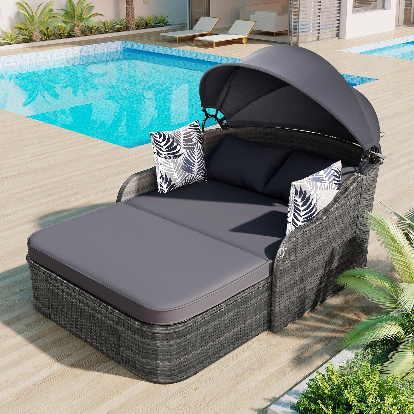 Algherohein PE Rattan Outdoor Daybed with Adjustable Canopy and Cushions,Patio Couch Bed