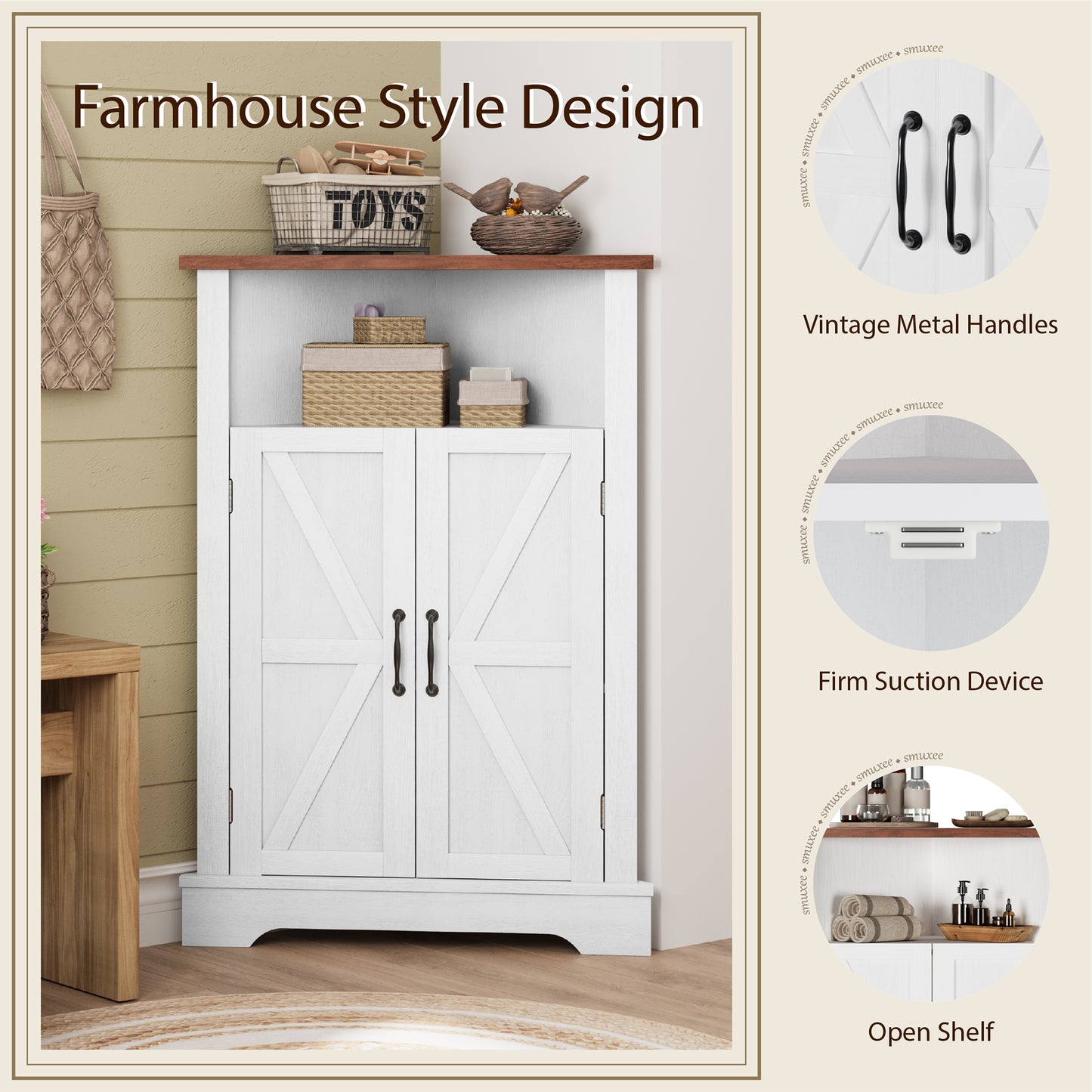 Semiocthome Farmhouse Bathroom Cabinet Corner Storage Cabinet, Barn Doors,Adjustable Shelves
