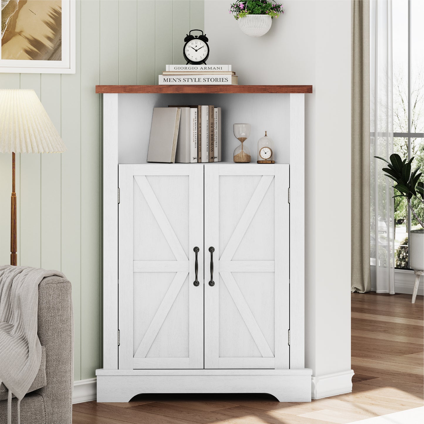Semiocthome Farmhouse Bathroom Cabinet Corner Storage Cabinet, Barn Doors,Adjustable Shelves