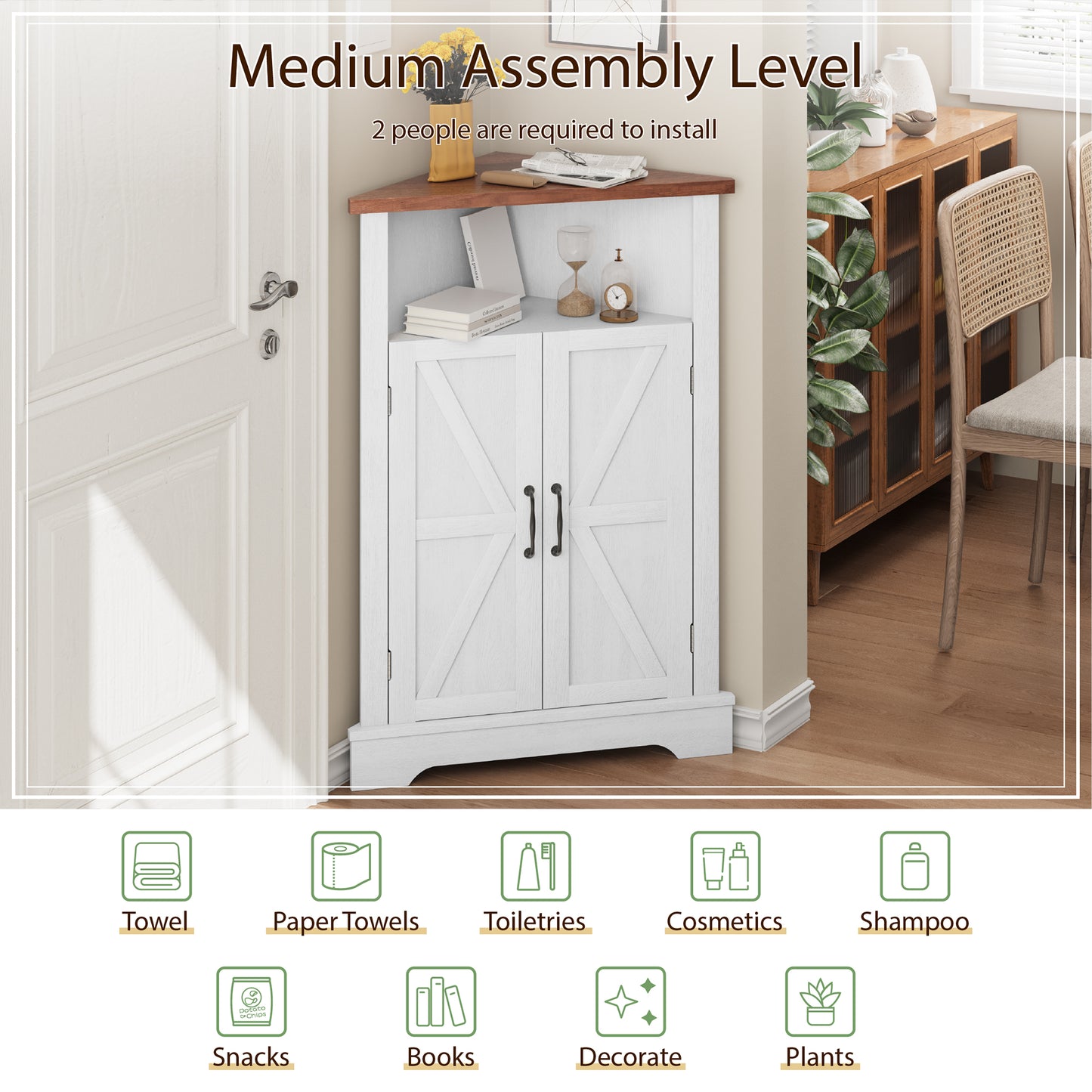 Semiocthome Farmhouse Bathroom Cabinet Corner Storage Cabinet, Barn Doors,Adjustable Shelves