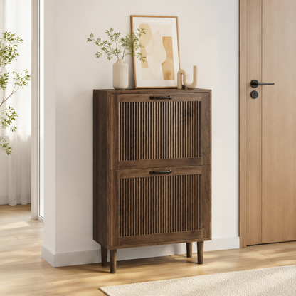 Algherohein Slim Hidden Shoe Cabinet with Fluted Doors, Flip Down Shoe Storage Cabinet Organizer, Freestanding Wood Entryway Shoe Rack
