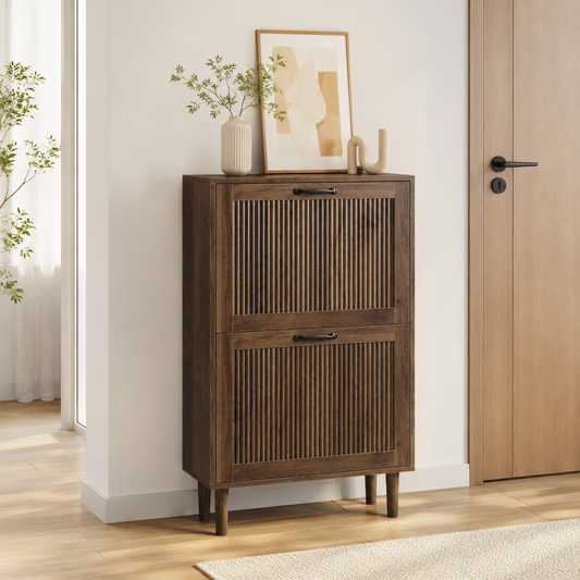 Algherohein Slim Hidden Shoe Cabinet with Fluted Doors, Flip Down Shoe Storage Cabinet Organizer, Freestanding Wood Entryway Shoe Rack
