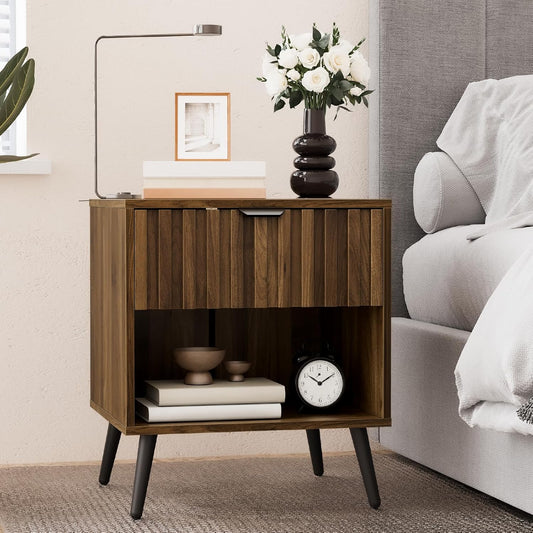 Semiocthome Mid Century Nightstand with Drawer and Open Shelf,Bedside Table for Bedroom,Walnut,Adult