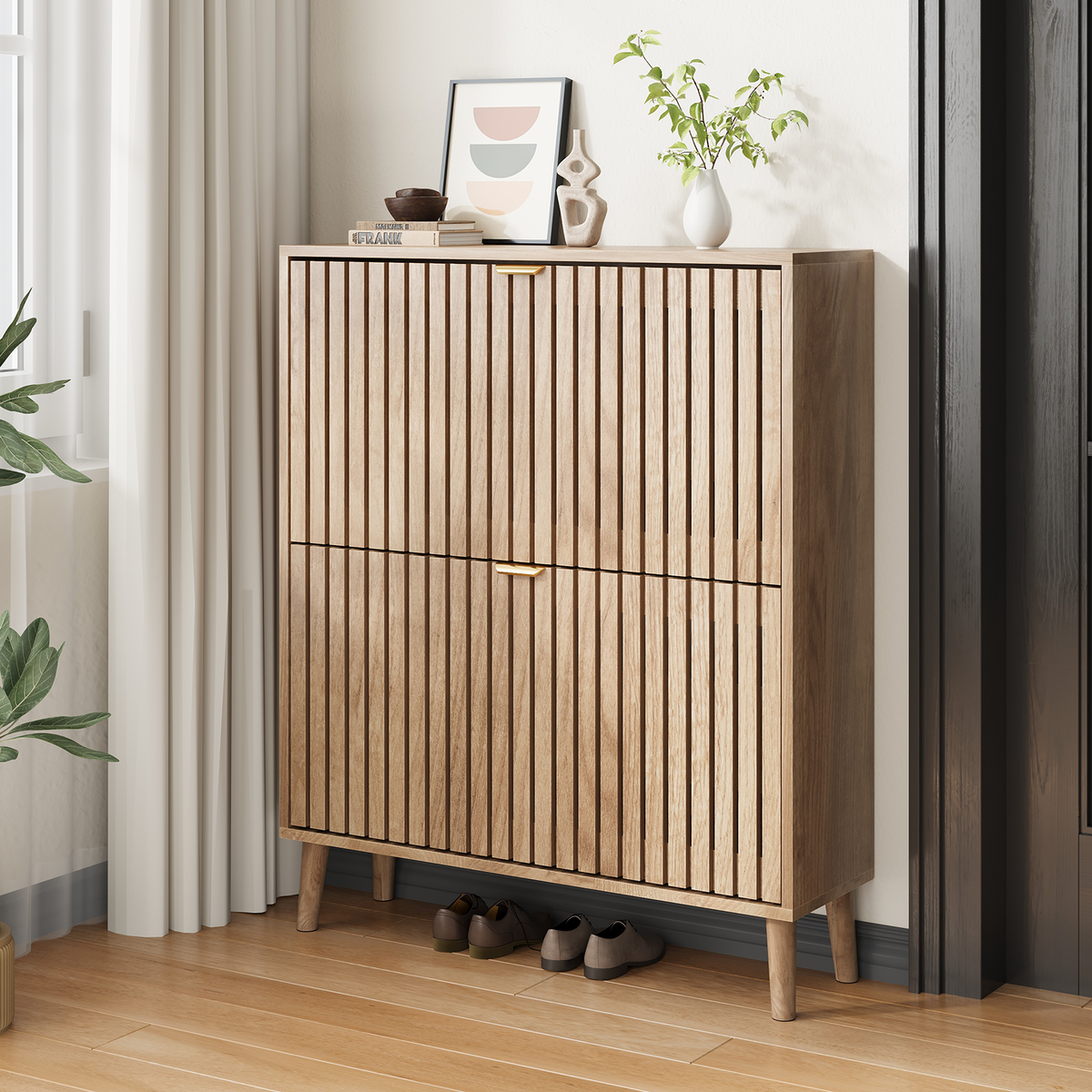 Semiocthome 31.5" Shoe Cabinet, Shoe Storage Cabinet with 2 Flip Drawers, Ventilated Grille Design,Tall Legs, Entryway, Natural
