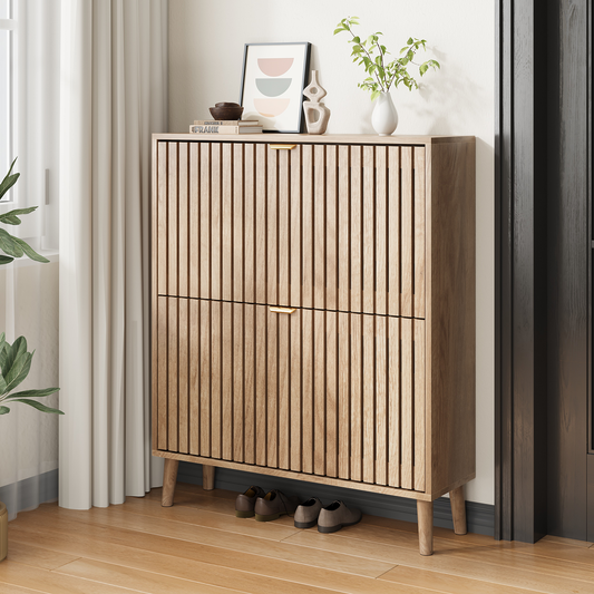 Semiocthome 31.5" Shoe Cabinet, Shoe Storage Cabinet with 2 Flip Drawers, Ventilated Grille Design,Tall Legs, Entryway, Natural