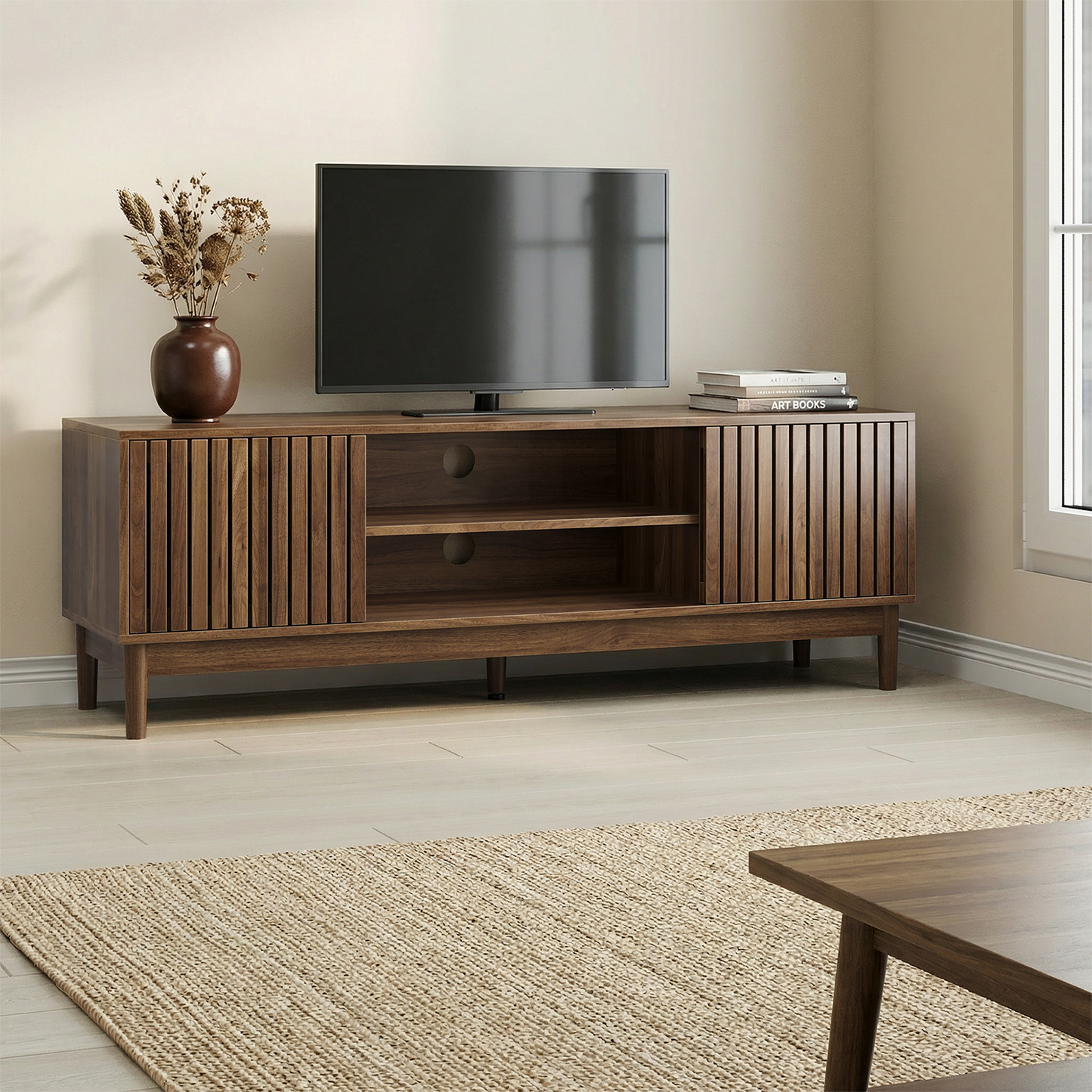 Semiocthome 55" TV Stand with Slatted Doors and Cable Holes, Entertainment Center for Living Room, Walnut