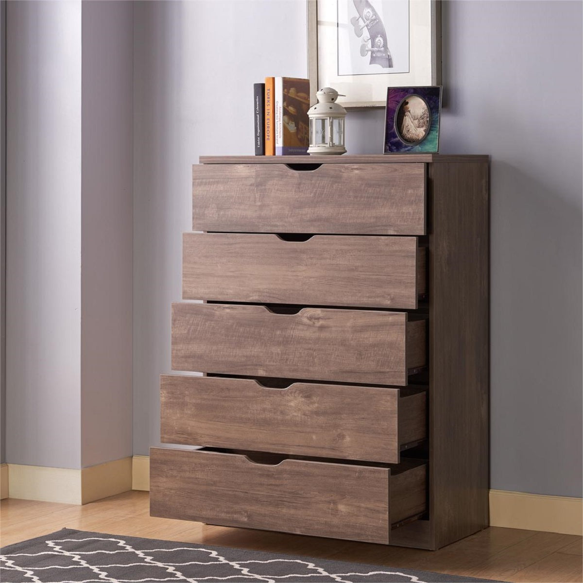 Algherohein Wood Tall Dresser with 5 Drawer for Bedroom,Storage Cabinet Chest of Drawers,Adult