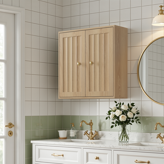 Smuxee Bathroom Wall Cabinet with Doors & Open Shelf, Wood Medicine Wall Mounted Bathroom Storage Organizer