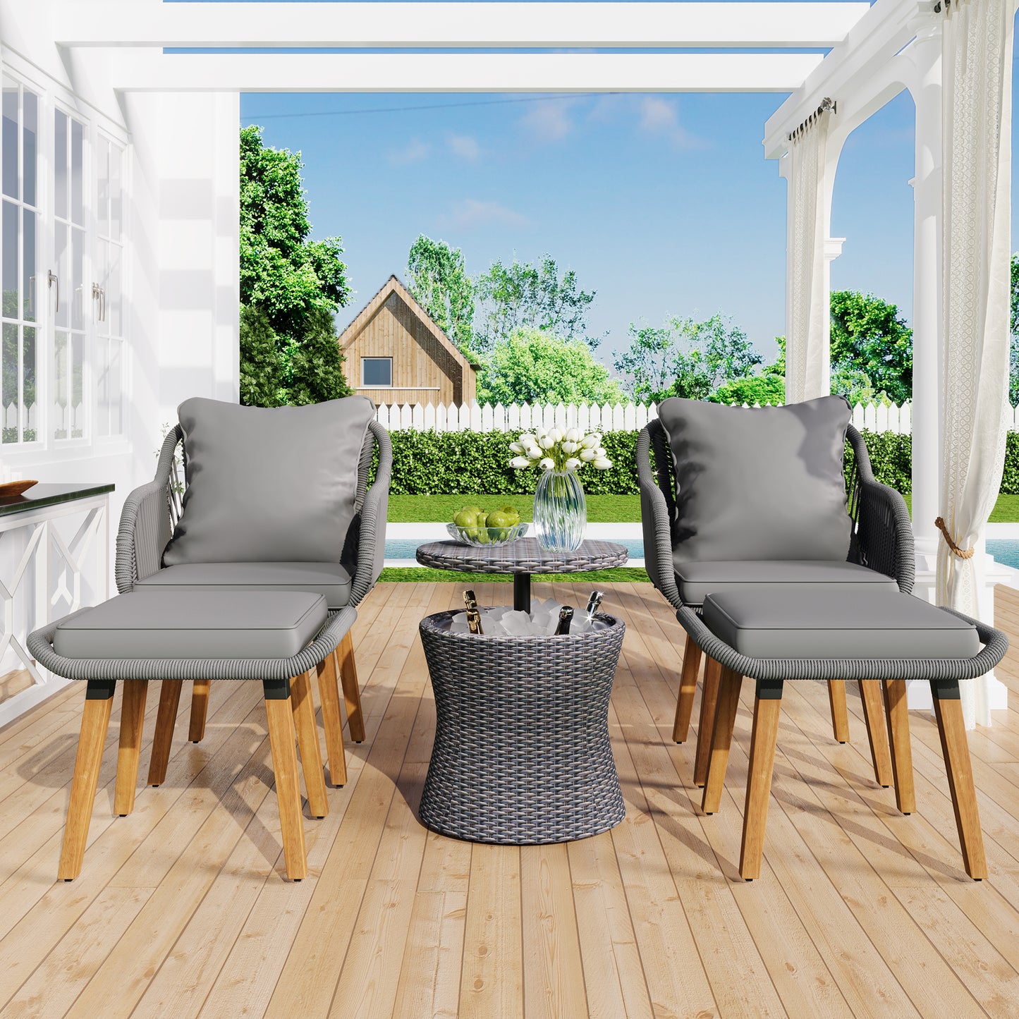 Smart FENDEE 5 Pieces Patio Furniture Conversation Set with Wicker Cool Bar Table and 2 Chairs