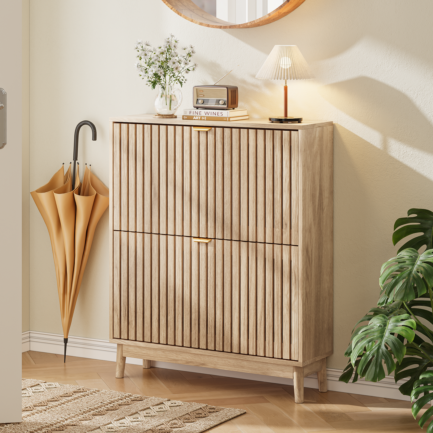 Algherohein 16-20 Pairs Shoe Storage Cabinet with Flip-Down Drawers,Freestanding Entryway Slim Shoe Cabinet, Walnut