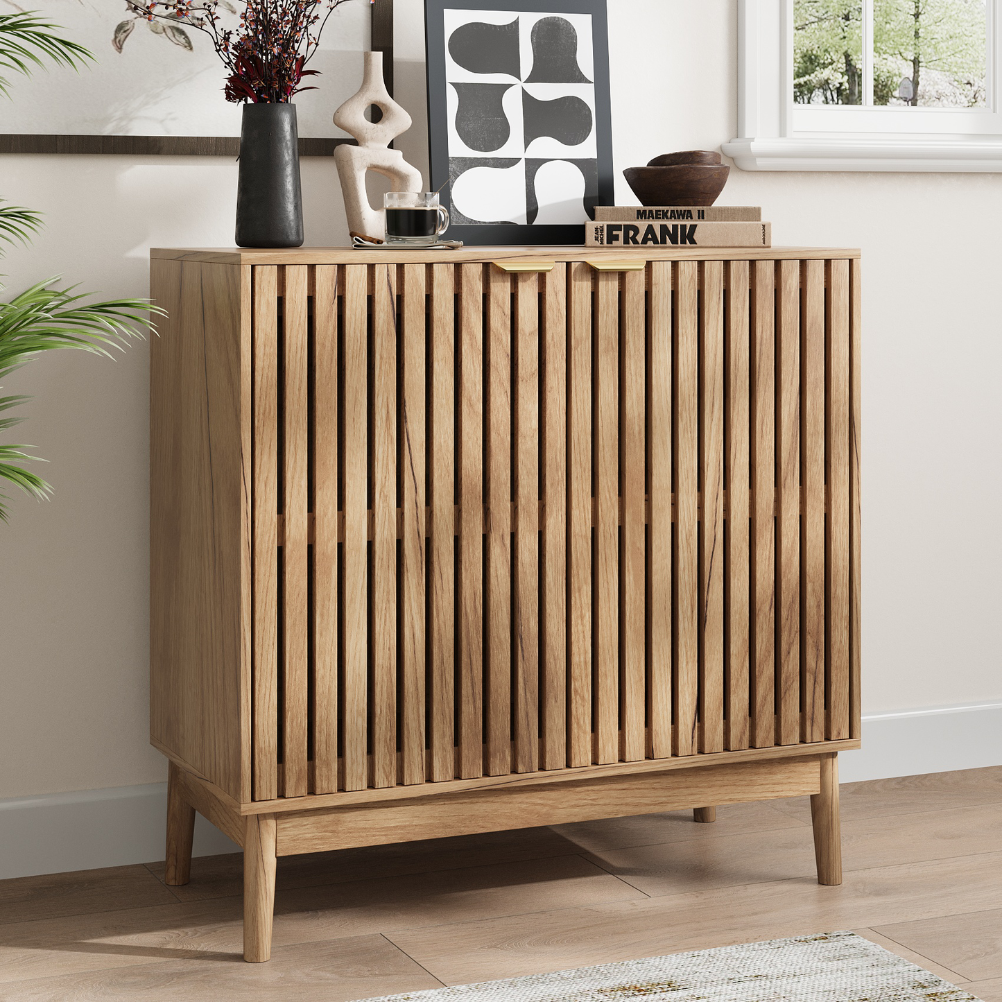 Algherohein Sideboard Cabinet with 4 Door & Adjustable Shelves, Kitchen Storage Organizer, Home Decor TV Stand for Living Room, Oak