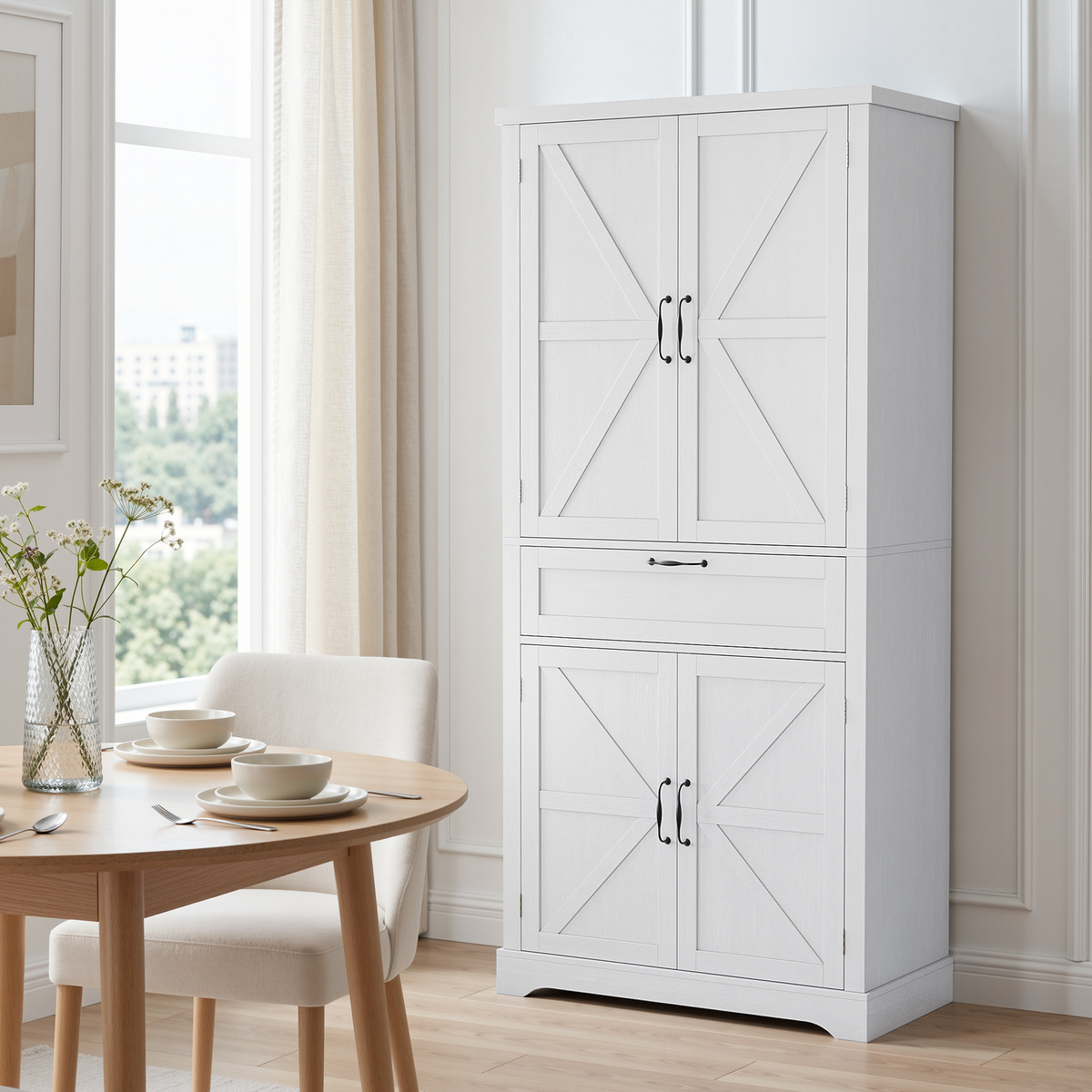 Smuxee Farmhouse Tall Kitchen Pantry Storage Cabinet with 4 Barn-Style Doors & Central Drawer for Kitchen, Dining Room, Living Room, Entryway