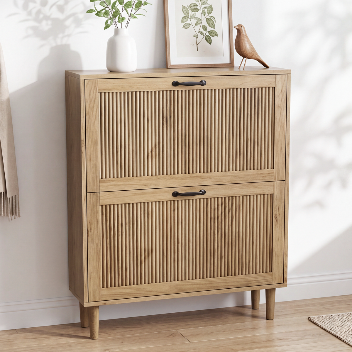 Algherohein Slim Hidden Shoe Cabinet with Fluted Doors, Flip Down Shoe Storage Cabinet Organizer, Freestanding Wood Entryway Shoe Rack