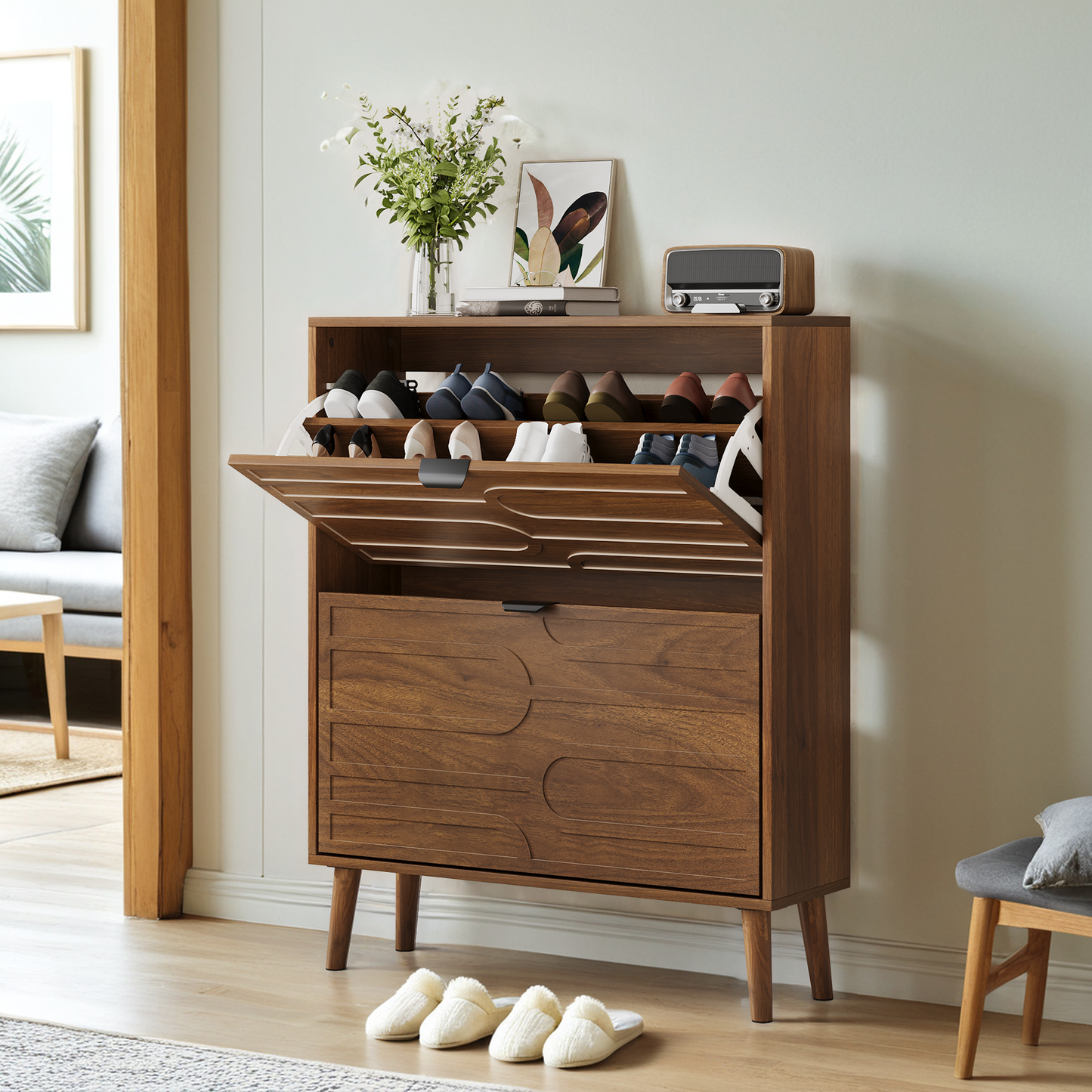 Semiocthome Shoe Cabinet with 2 Flip Drawers, Wood Shoe Organizer for Entryway, Walnut