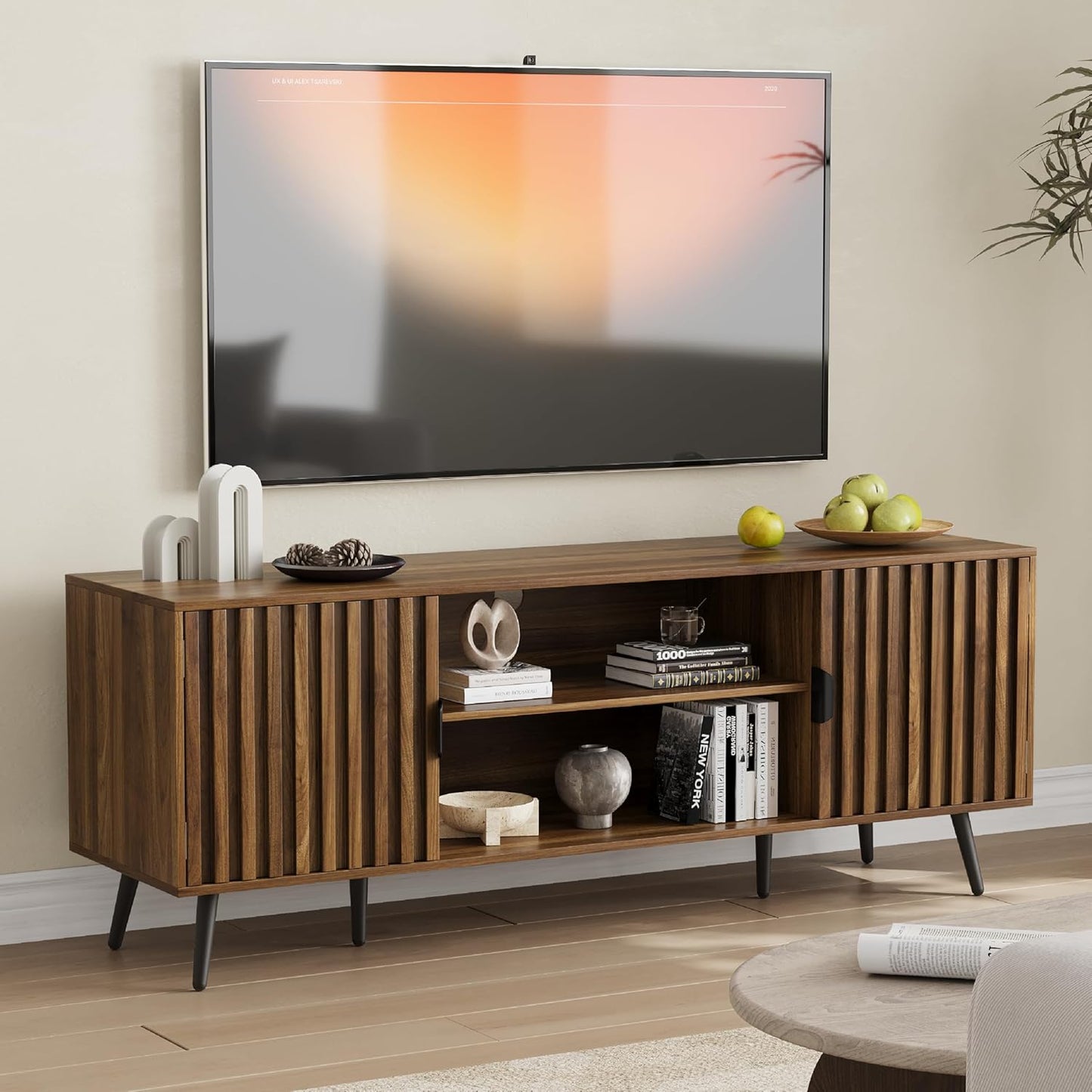 Semiocthome 55" TV Stand with 2 Cabinets and Shelf, Fits 30" to 60" TV for Living Room, Walnut
