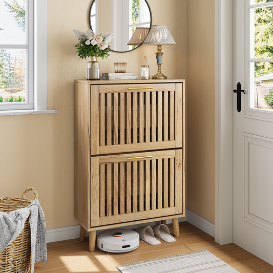 Algherohein Narrow Shoe Cabinet for Entryway, Freestanding Wooden Shoe Organizer Cabinet with 2 Flip Drawers & Adjustable Shelves