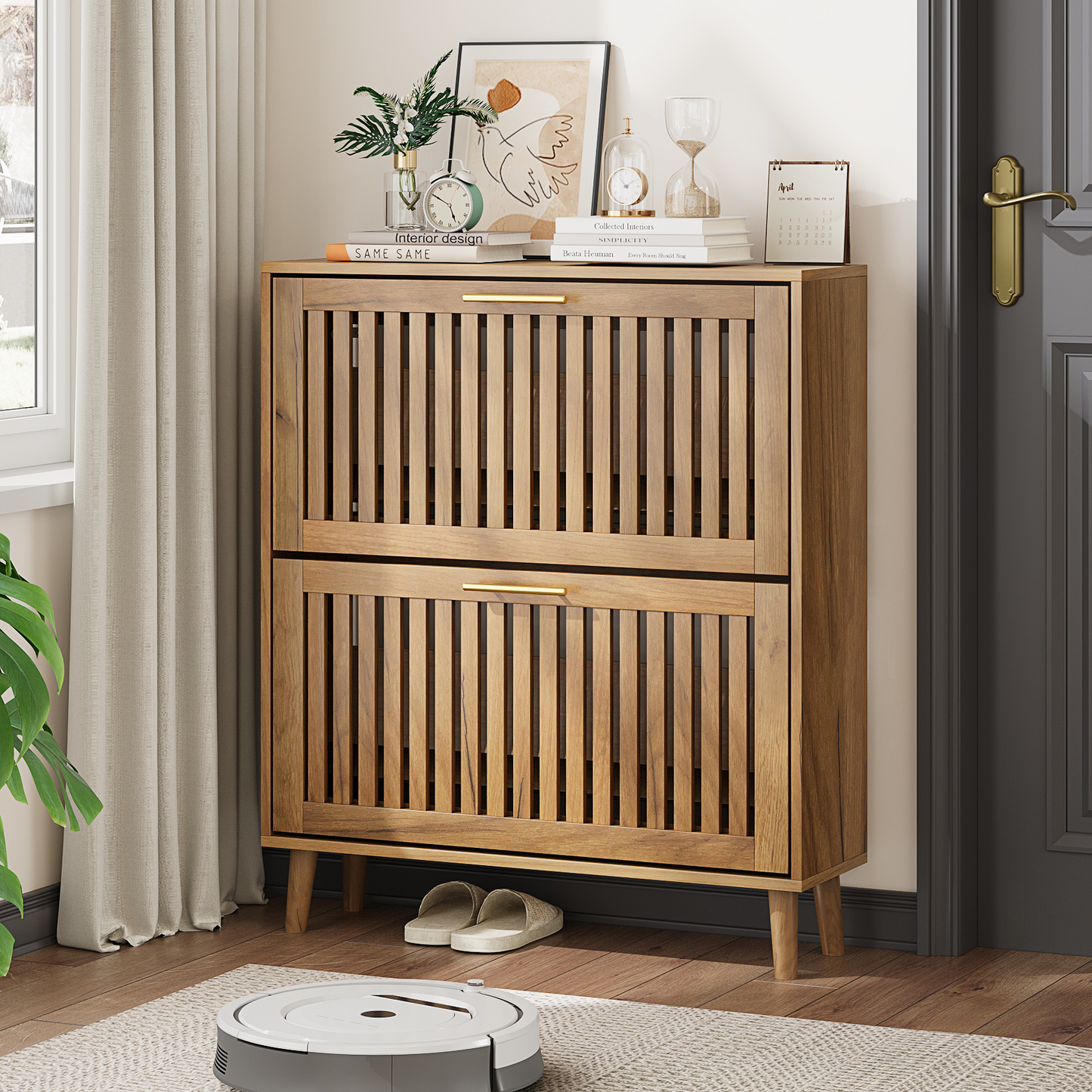 Semiocthome 31.5" Shoe Storage Cabinet with 2 Flip Louvered Drawers for Entryway, Hallway, Natural