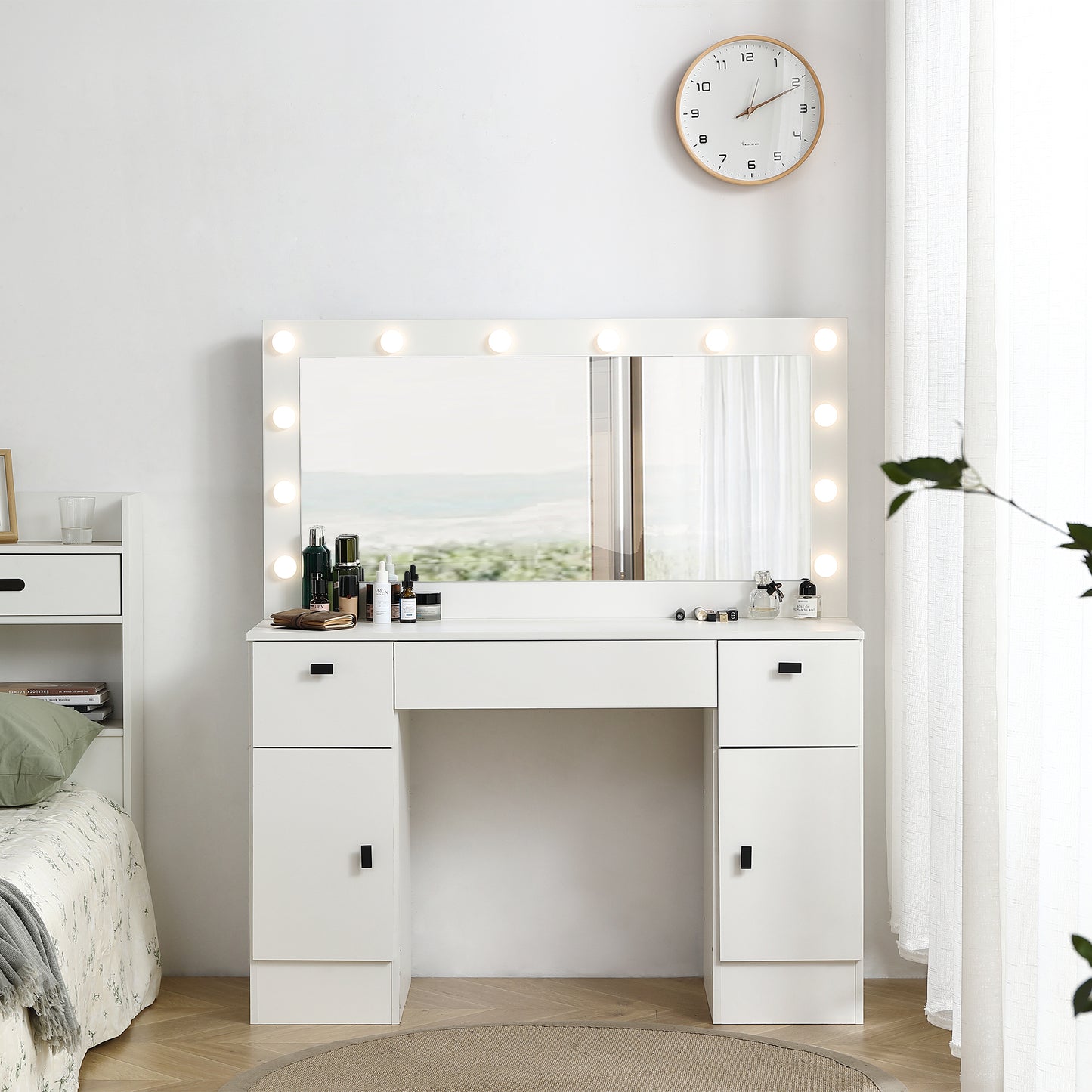 Semiocthome Vanity table with 3 color Lighted Mirror, Makeup Desk with 3 Drawers and 2 Storage Cabinet, White