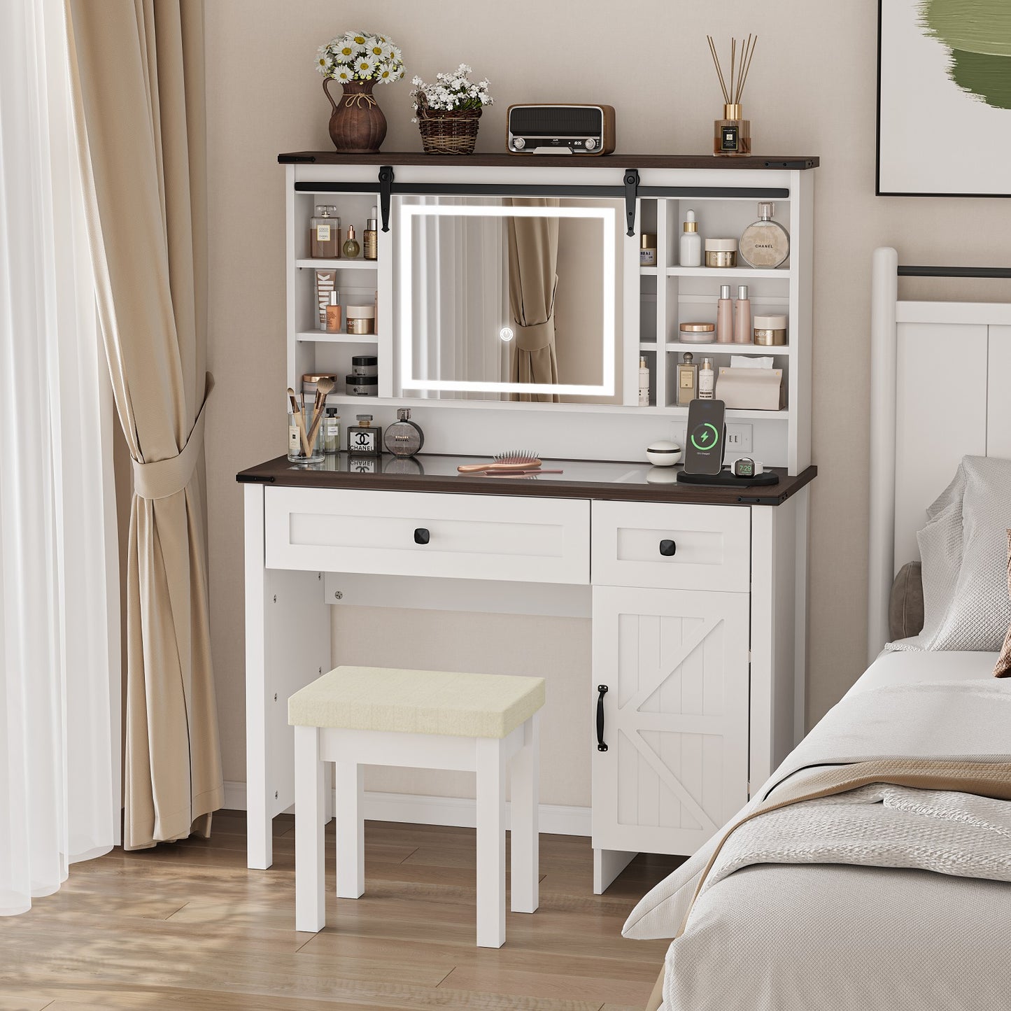 Algherohein Farmhouse Makeup Vanity Set with Mirror and Charging Station,White Vanity Desk
