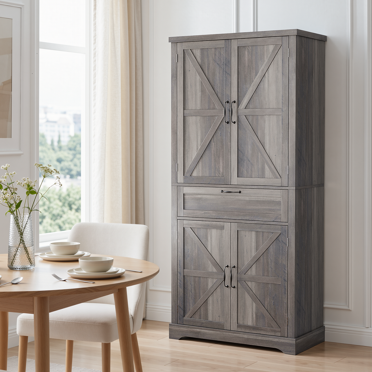 Smuxee Farmhouse Tall Kitchen Pantry Storage Cabinet with 4 Barn-Style Doors & Central Drawer for Kitchen, Dining Room, Living Room, Entryway