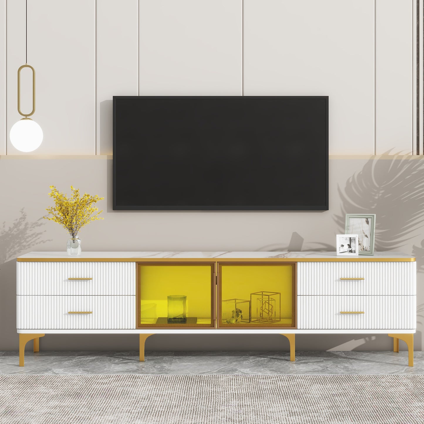 Semiocthome LED TV Stand for TVs Up to 78'' with Glass Cabinet and 4 Drawer, Living Room