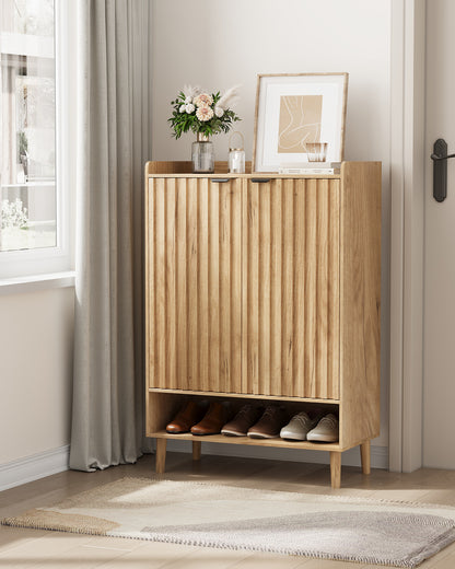 Smart FENDEE 6-Tier Shoe Storage Cabinet with 2 Fluted Doors, Entryway Shoe Storage, Natural