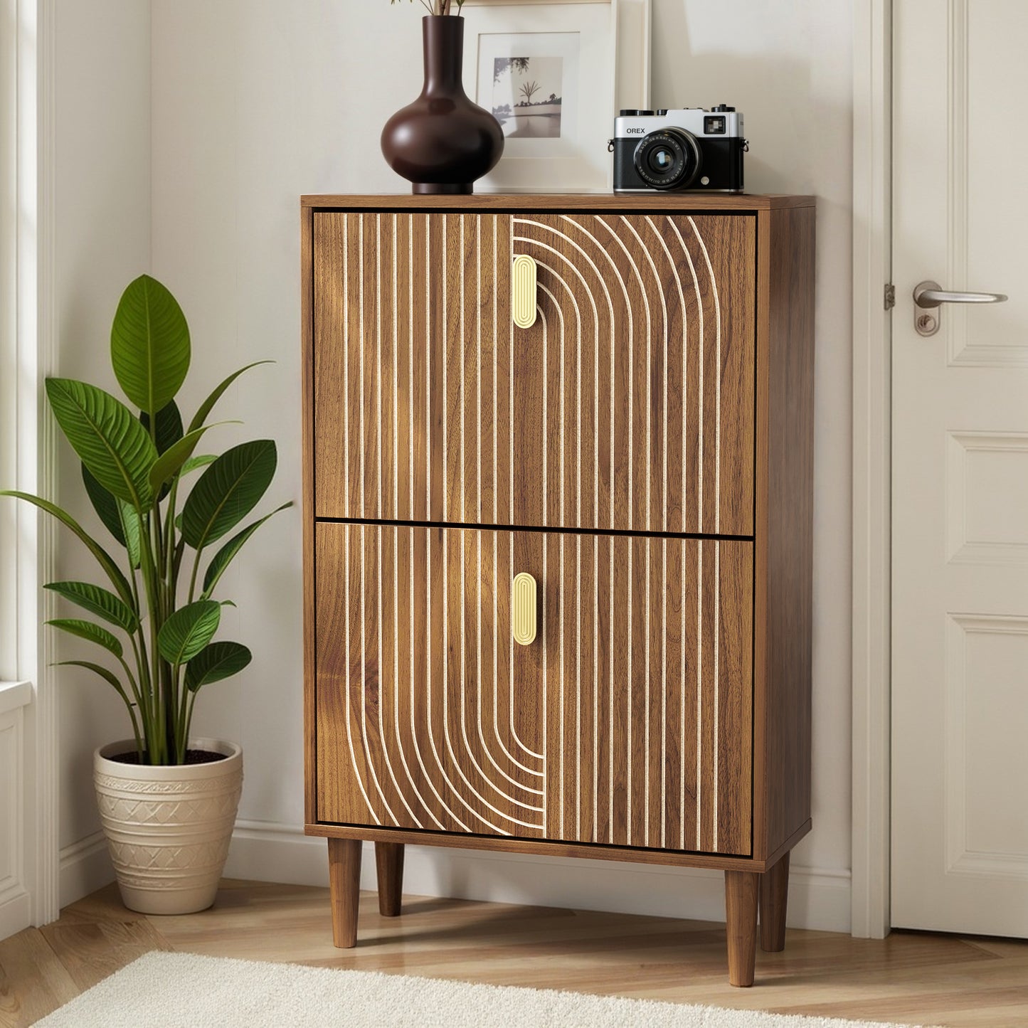 Semiocthome 23.6" Shoe Cabinet with 2 Flip Drawers and Line Groove Design, Entryway, Walnut