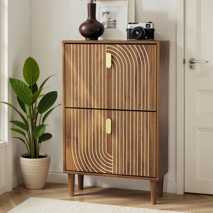Semiocthome 23.6" Shoe Cabinet with 2 Flip Drawers and Line Groove Design, Entryway, Walnut