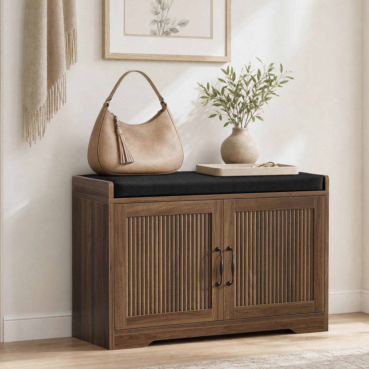 Semiocthome Shoe Bench with Storage for Entryway, Shoe Cabinet with Thick Padded Cushion, Walnut