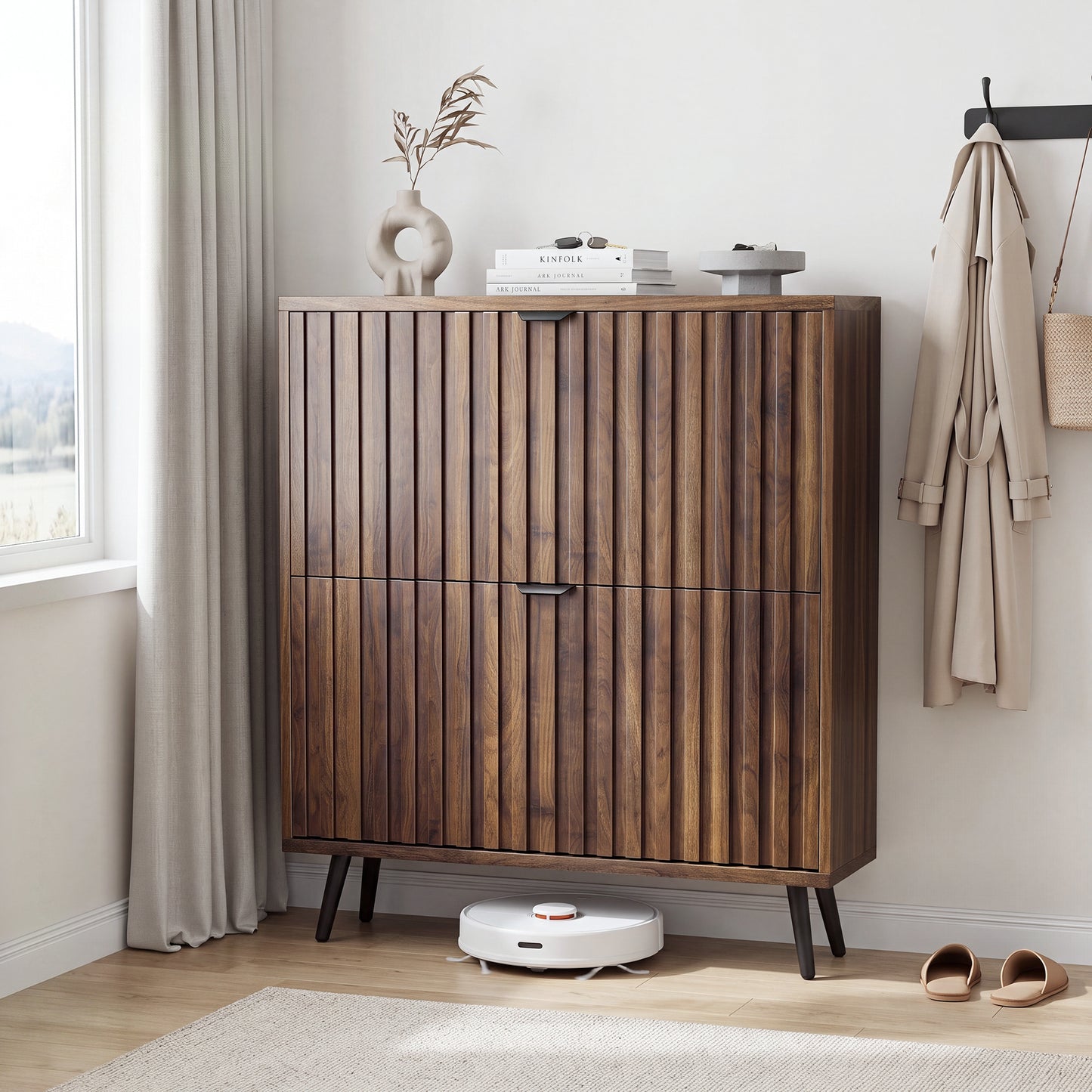 Semiocthome Shoe Cabinet with 2 Fluted Flip Drawers Freestanding Shoe Organizer for Entryway, Walnut, 31.5"W