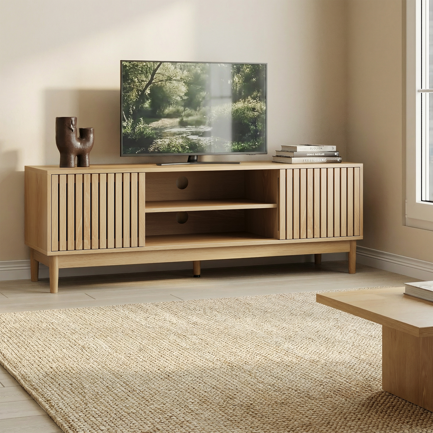 Semiocthome 55" TV Stand with Slatted Doors and Cable Holes, Entertainment Center for Living Room, Natural