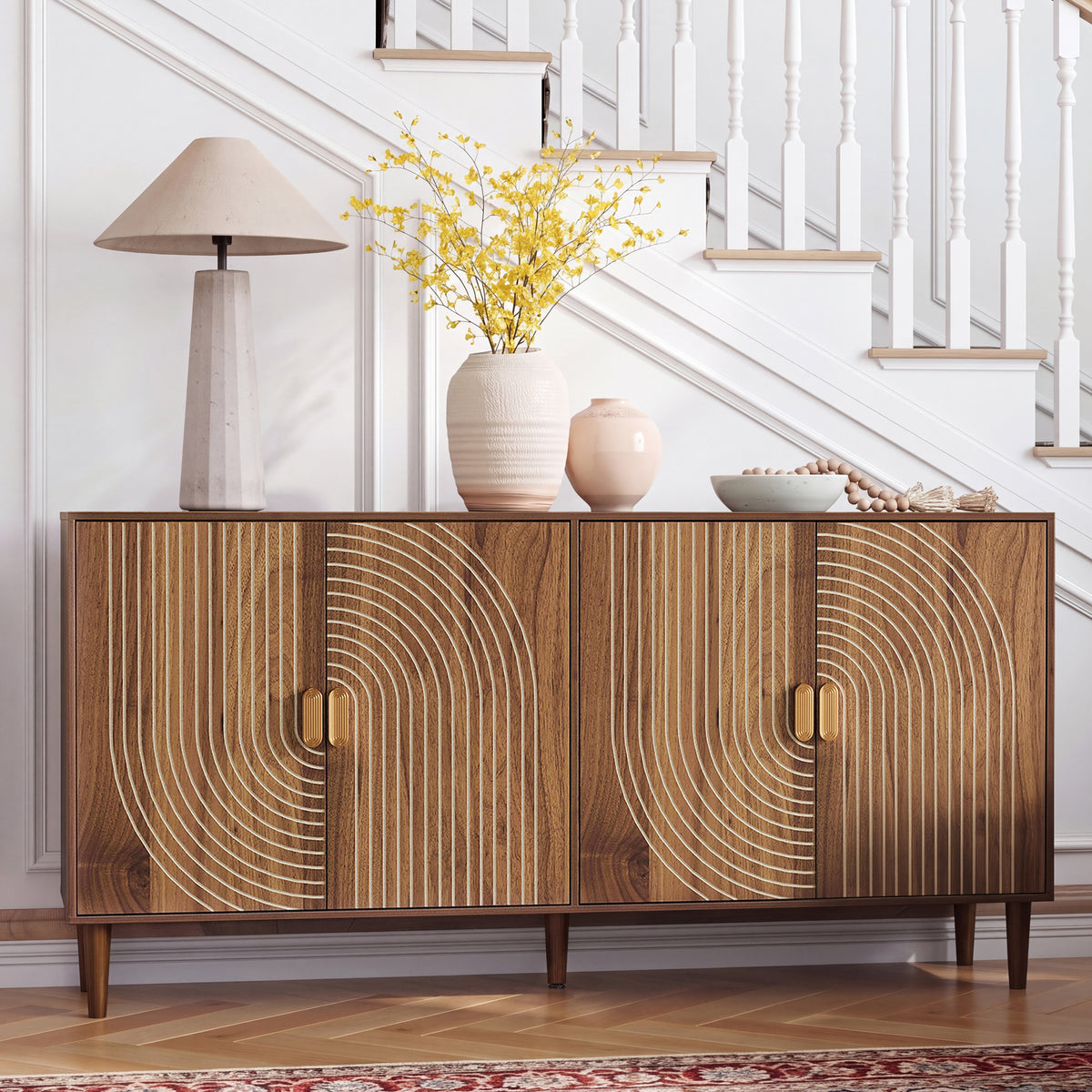 Semiocthome Kitchen Sideboard Buffet Cabinet with 4 Line Groove Doors and Adjustable Shelf, Walnut Finish