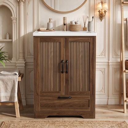 Smuxee 24 Inch Freestanding Bathroom Vanity with Sink, Fluted Cabinet Doors & Storage Drawer, Wood Grain Bathroom Sink Cabinet, Walnut