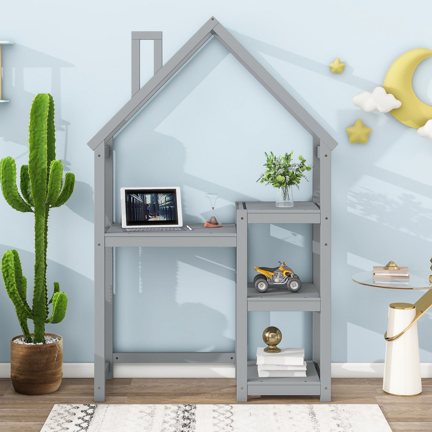 Smuxee Kid Bookshelf Storage with Desk and Roof-Framed,Toy Organizer Storage Cubes for Bedroom