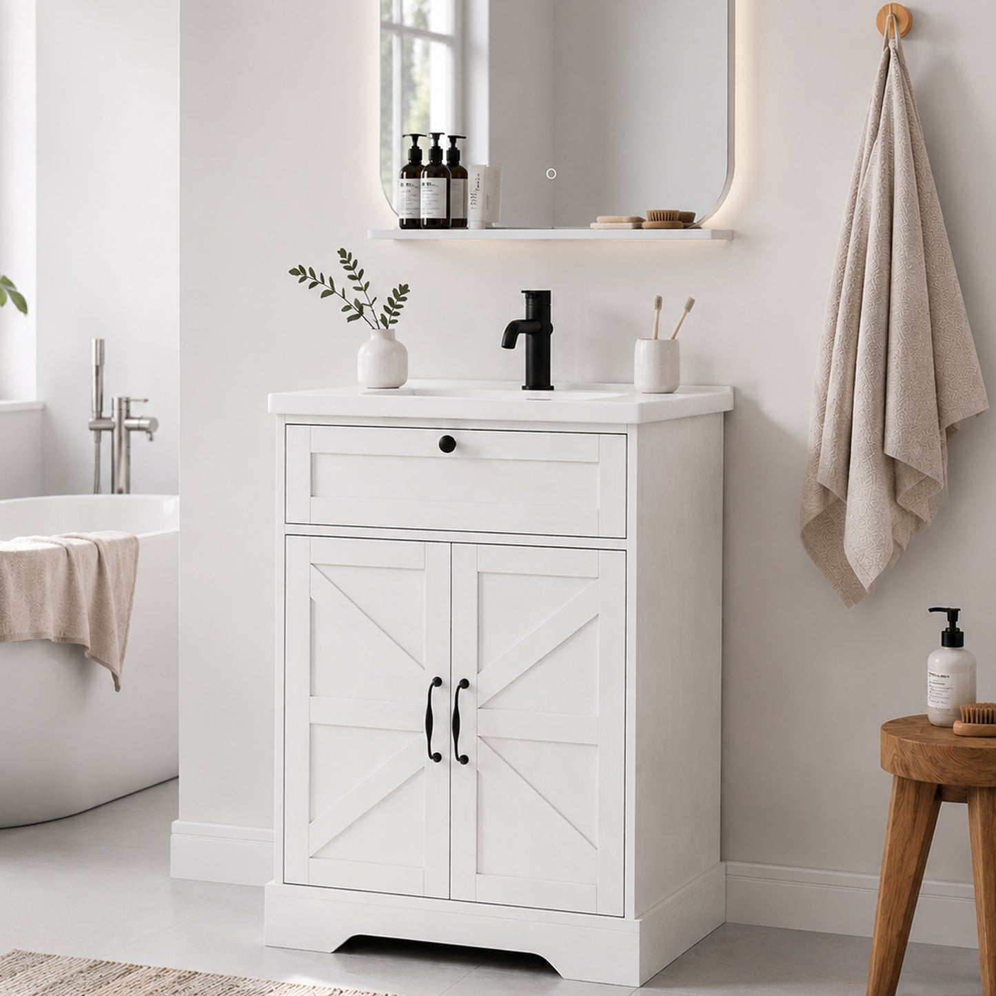 Smart FENDEE 23.62" Bathroom Vanity with Sink, Storage Cabinet with Barn Door & Drawer, White