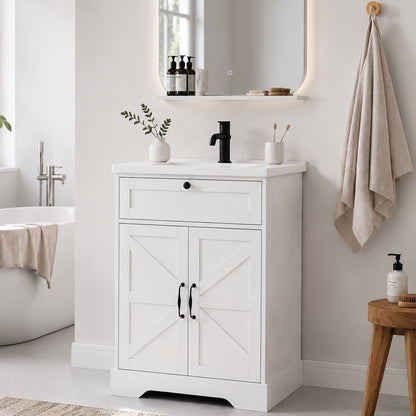 Smart FENDEE 23.62" Bathroom Vanity with Sink, Storage Cabinet with Barn Door & Drawer, White